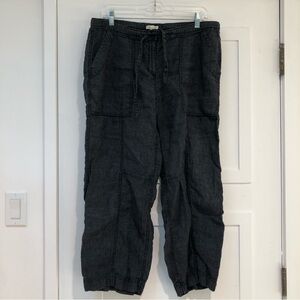 Eileen Fisher 100 linen wide leg crop drawstring pant w pockets indigo wash M